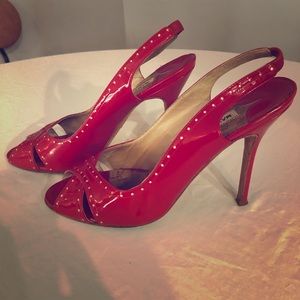 Red Patton leather Manolo Blahnik peep toe pumps